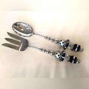 Mud Pie Serving Set Salad Utensils Metal Spoon Fork Art Glass Bead Handle MCM LG